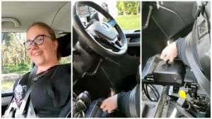 Image split into three, one of Ame in driver seat smiling and two of her foot working the joystick control with her 3 toes