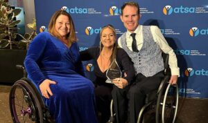 Total Ability's Frankie Britt, winner of 2025 ATSA Award for AT Product Consultant of the Year, pictured centre with Michelina Pelosi (left) and Paul Crake (right)